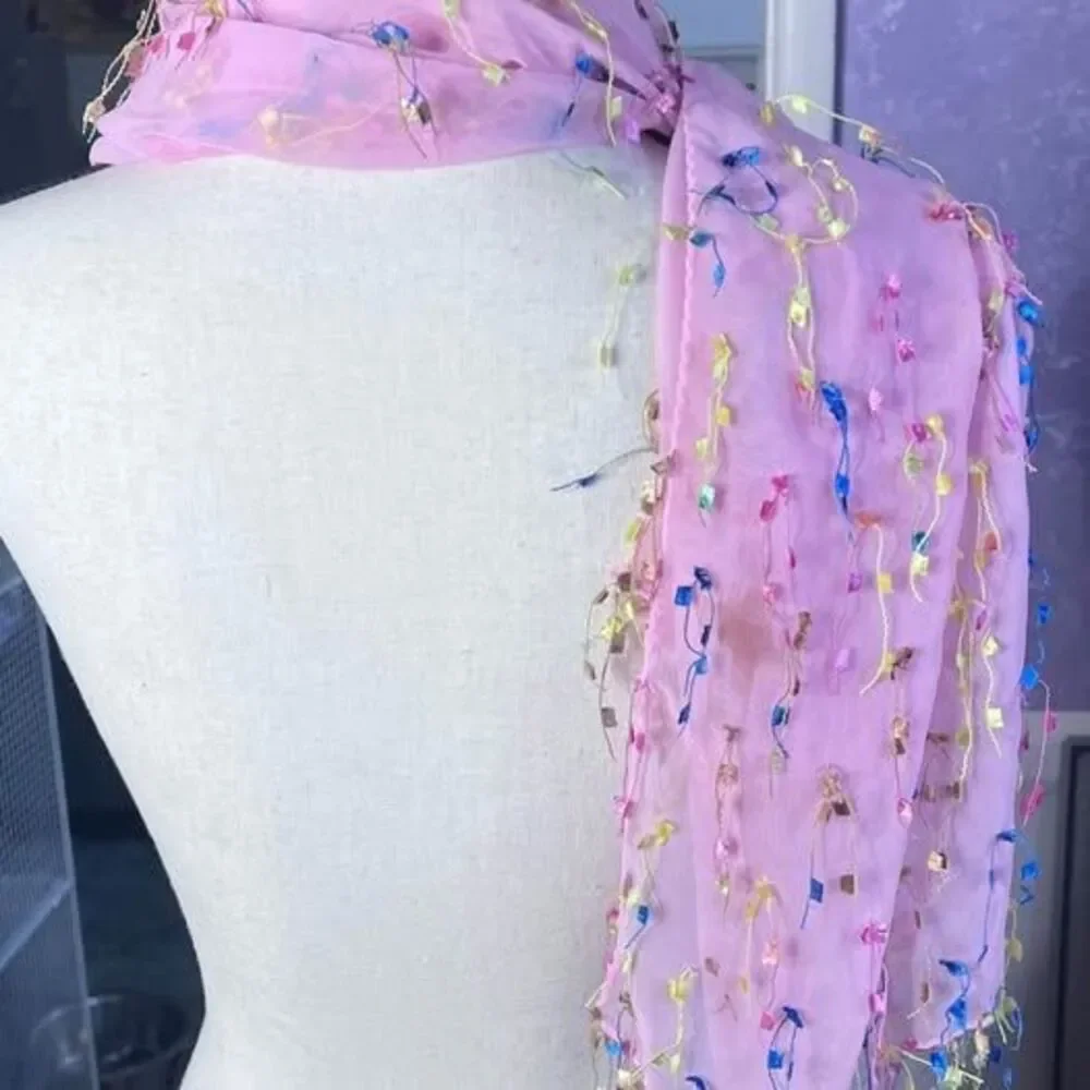 100% SILK Scarf, Baby Pink with Colorful Tassels